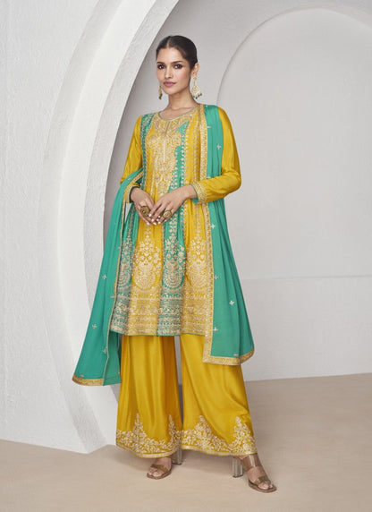 Yellow Silk Peplum Style Palazzo Suit