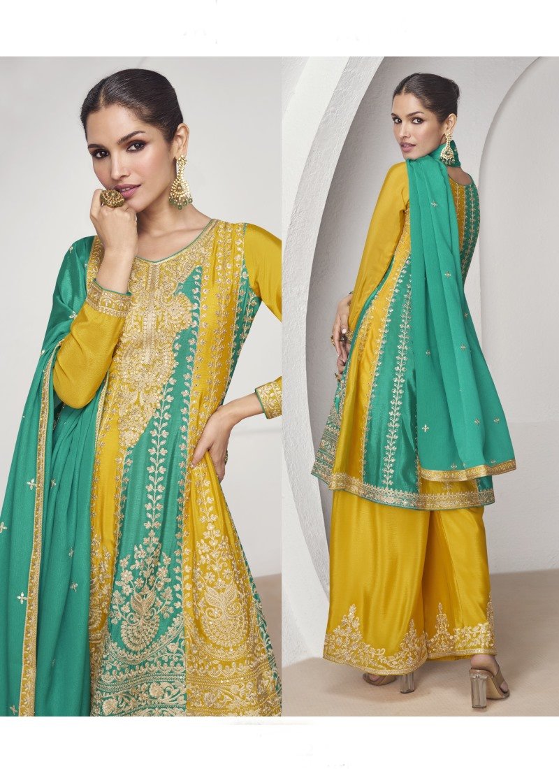 Yellow Silk Peplum Style Palazzo Suit