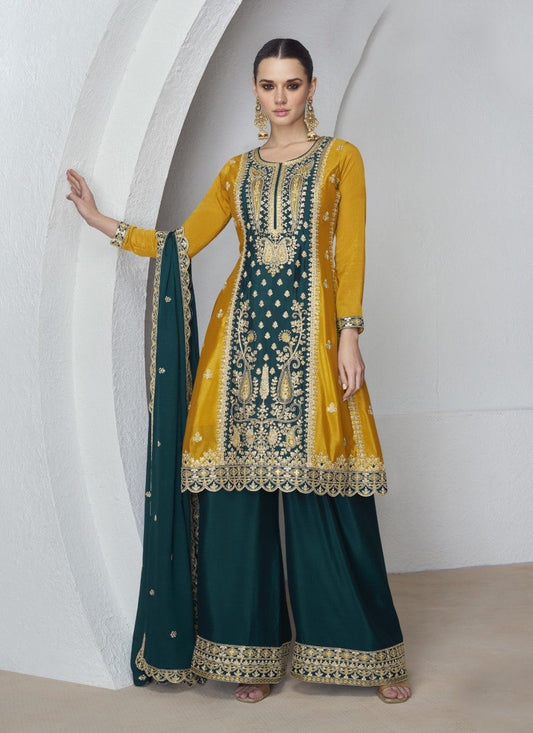 Yellow Silk Palazzo Salwar Suit With Embroidery Work