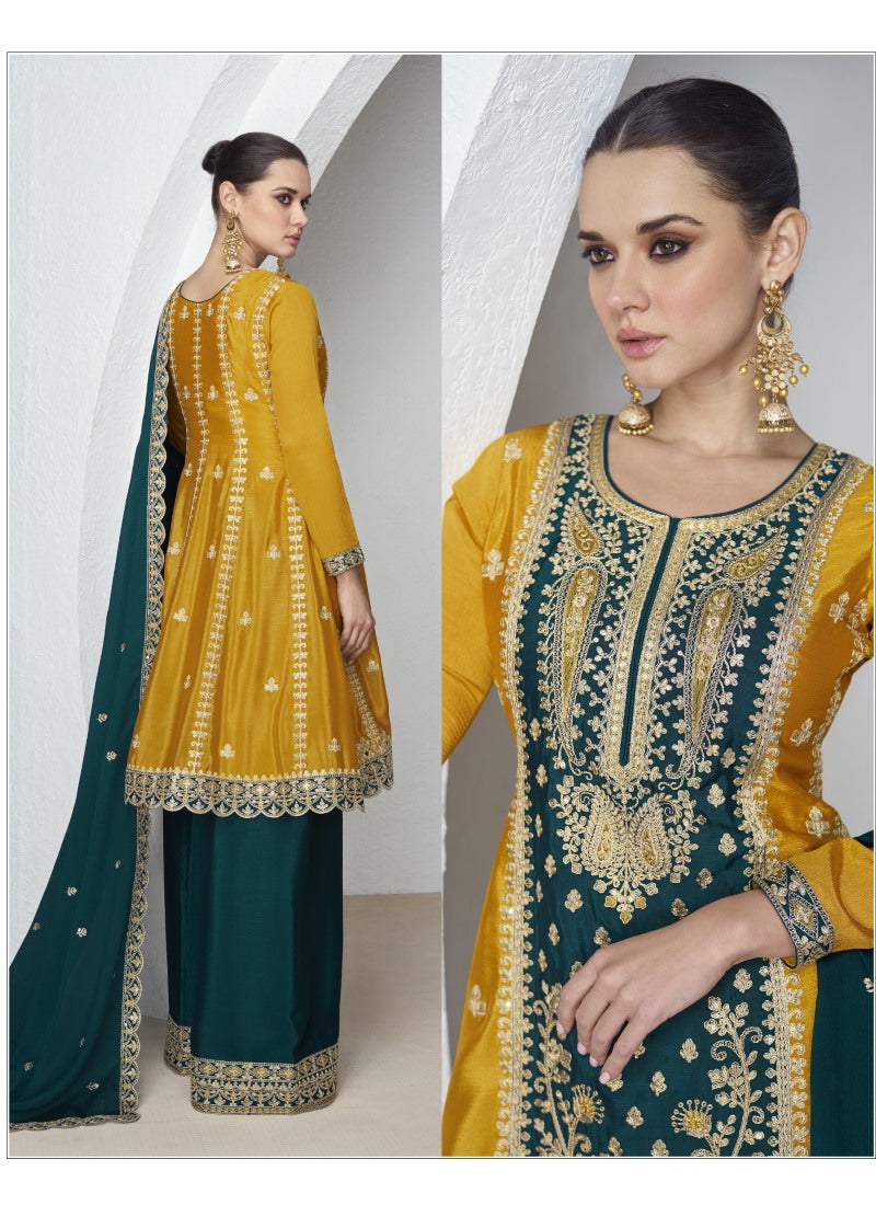 Yellow Silk Palazzo Salwar Suit With Embroidery Work