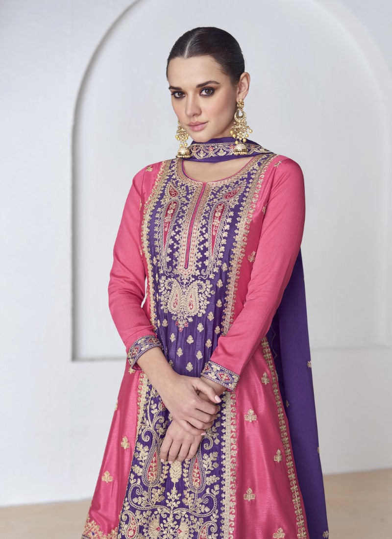 Pink Silk Palazzo Salwar Suit With Embroidery Work