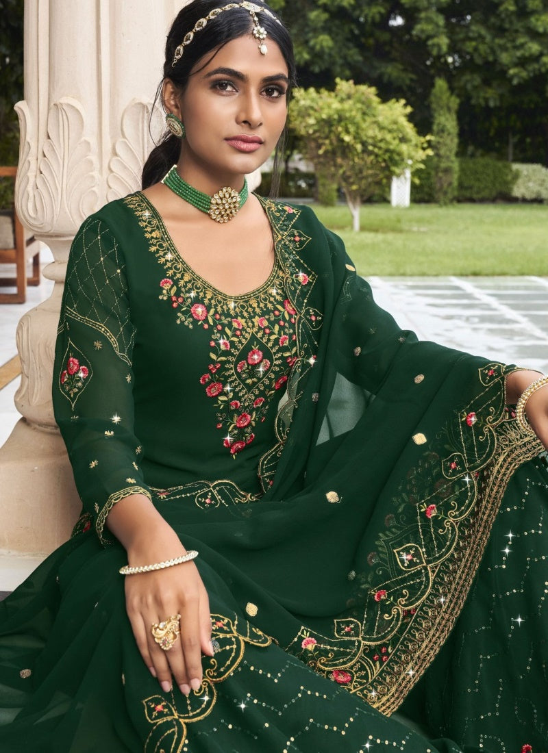 Green Georgette Sharara Suit With Embroidery Work-2