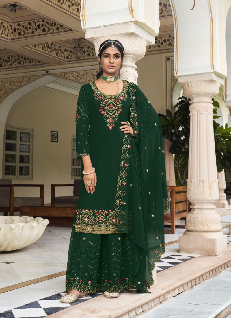 Green Georgette Sharara Suit With Embroidery Work