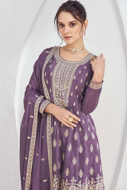 Purple Silk Wide Palazzo Salwar Suit With Embroidery Work