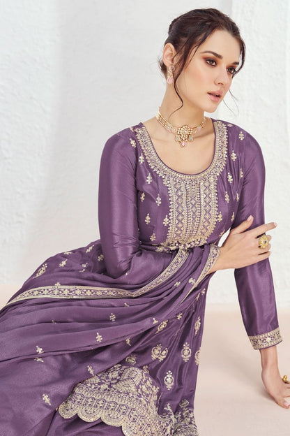 Purple Silk Wide Palazzo Salwar Suit With Embroidery Work