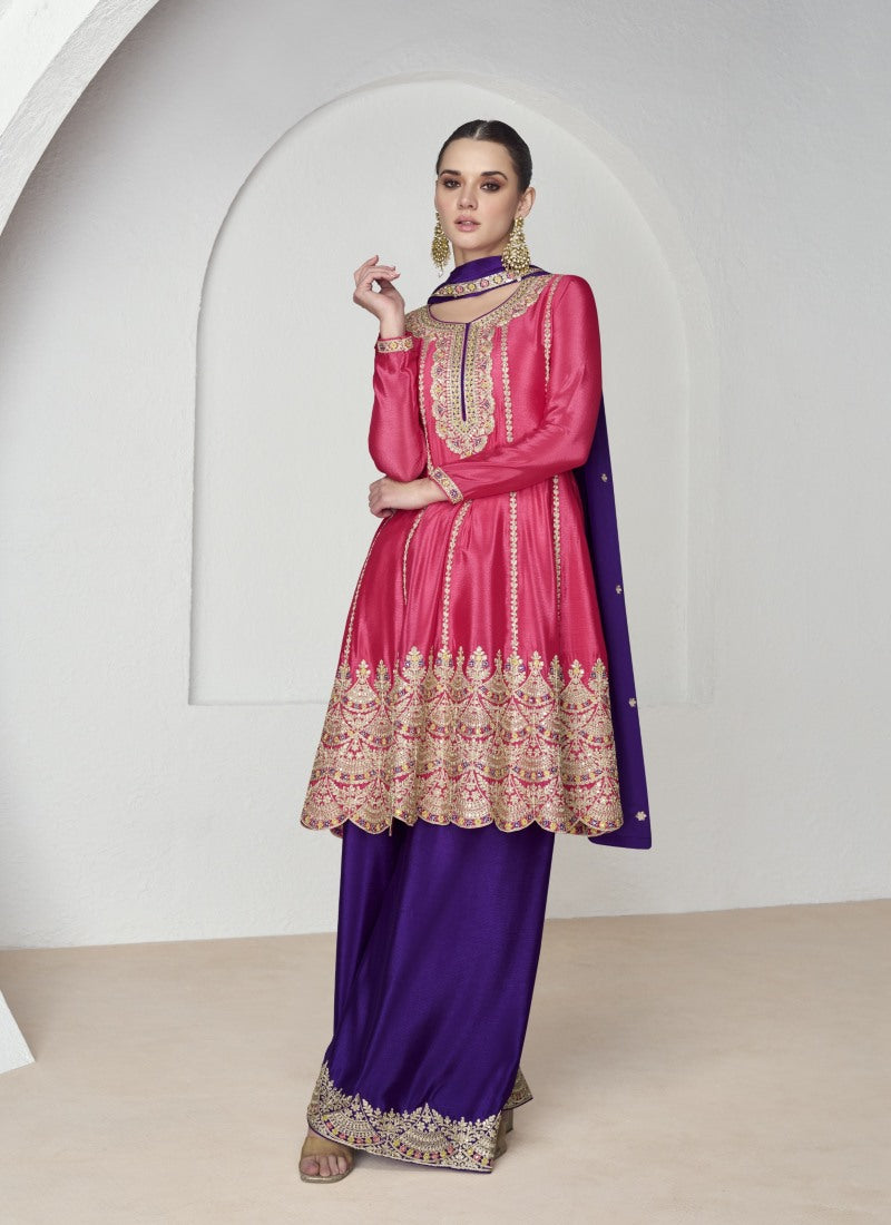 Pink Chinon Silk Peplum Style Palazzo Suit With Embroidery Work