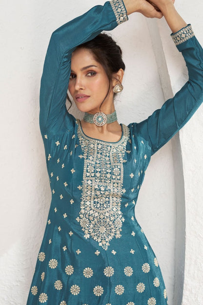 Teal Blue Silk Wide Palazzo Salwar Suit With Embroidery Work