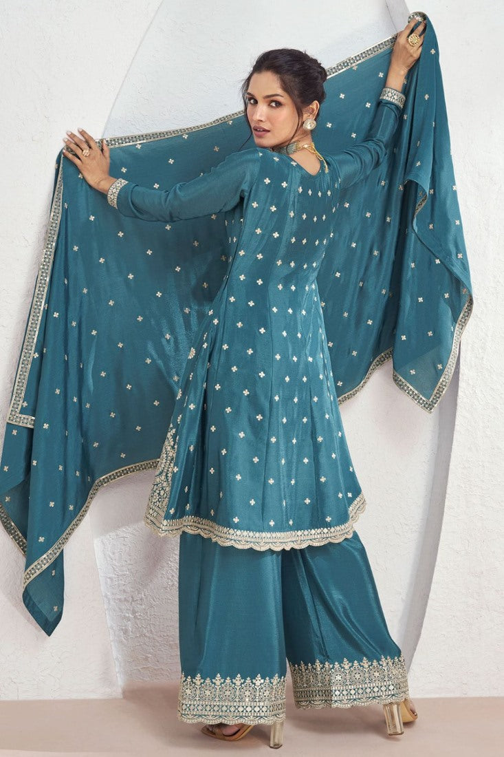 Teal Blue Silk Wide Palazzo Salwar Suit With Embroidery Work