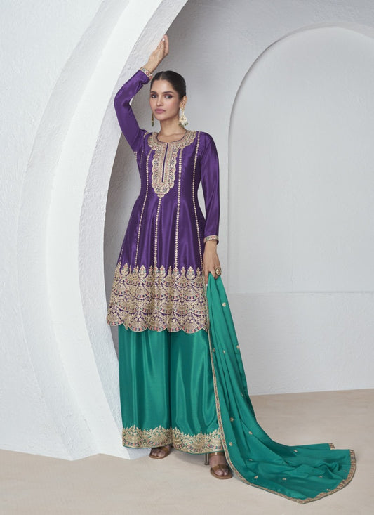 Voilet Chinon Silk Peplum Style Palazzo Suit With Embroidery Work