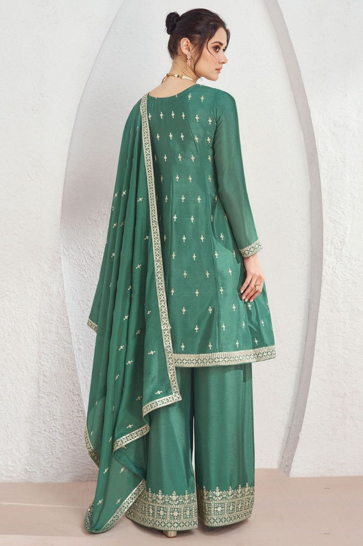 Green Silk Wide Palazzo Salwar Suit With Embroidery Work