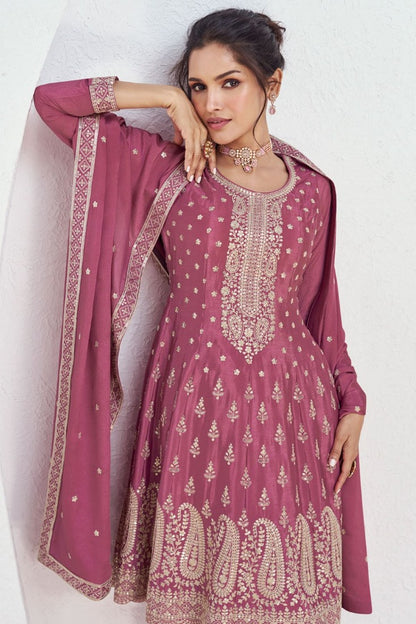 Pink Silk Wide Palazzo Salwar Suit With Embroidery Work