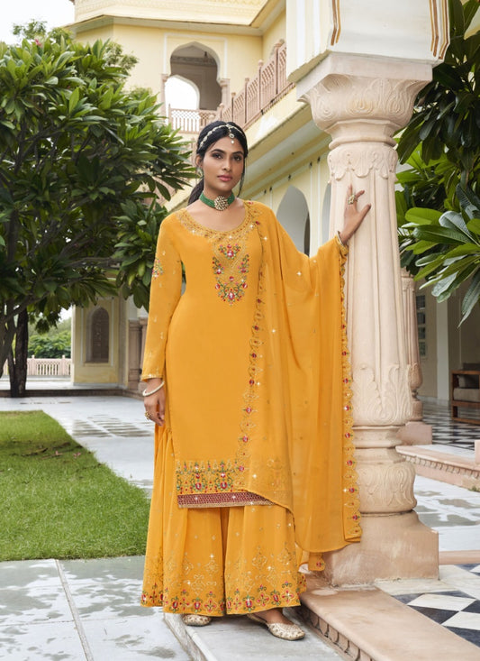 Yellow Georgette Sharara Suit With Embroidery Work