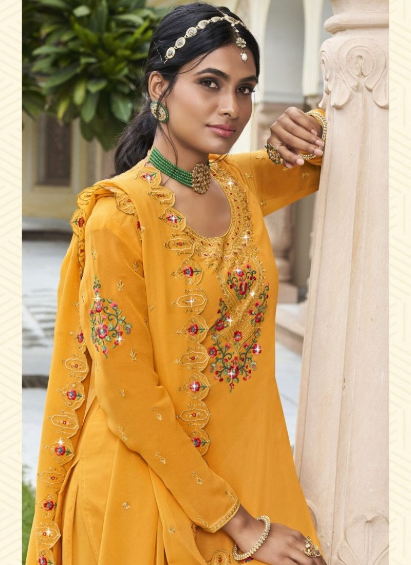 Yellow Georgette Sharara Suit With Embroidery Work-2