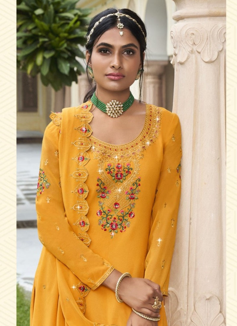 Yellow Georgette Sharara Suit With Embroidery Work-2