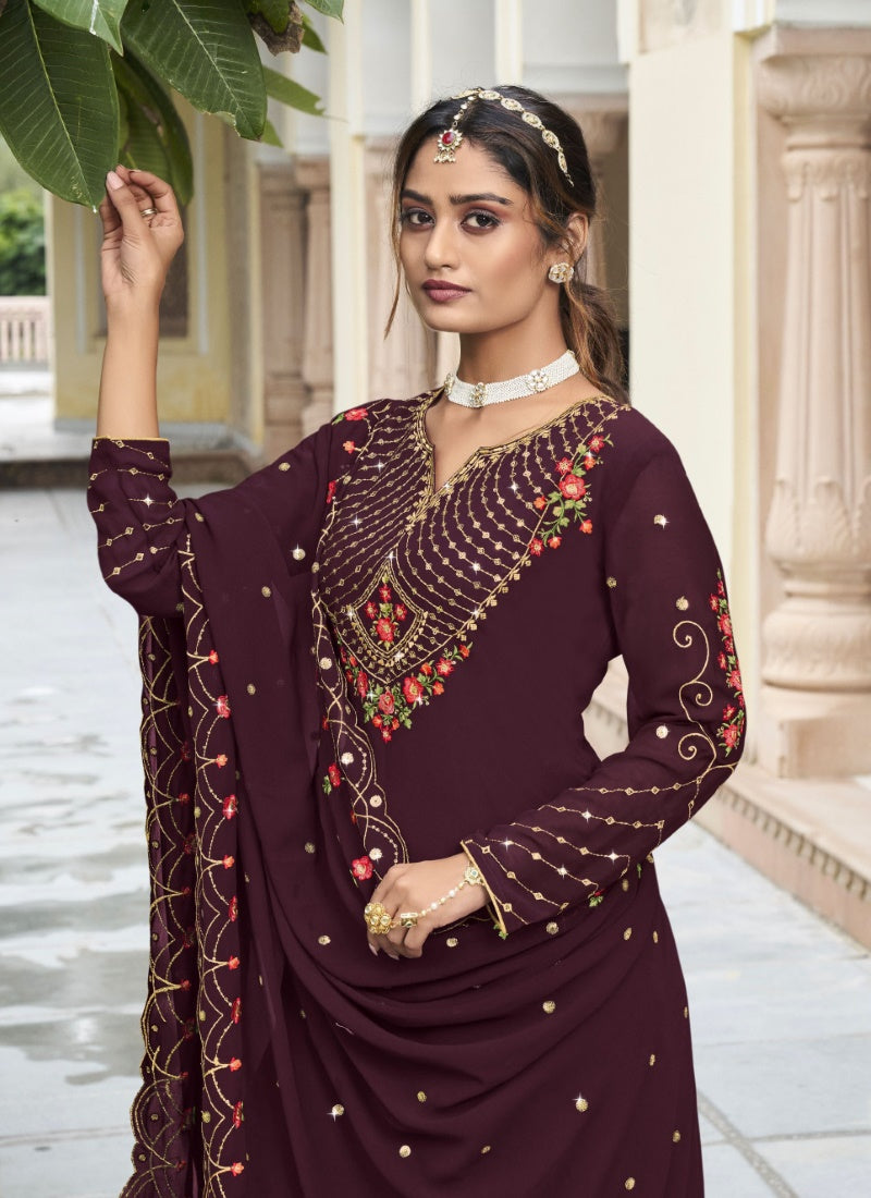 Purple Georgette Sharara Suit With Embroidery Work-2