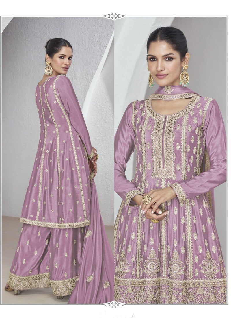 Lavender Silk Wide Palazzo Salwar Suit With Embroidery Work
