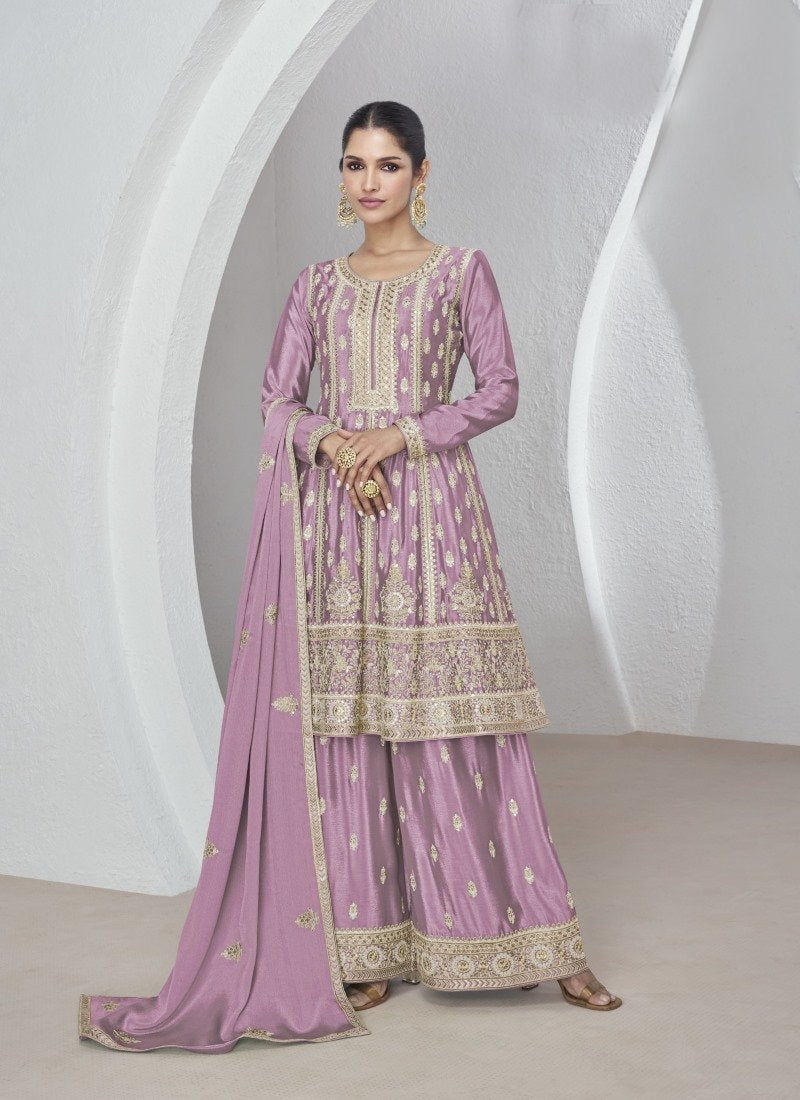 Lavender Silk Wide Palazzo Salwar Suit With Embroidery Work