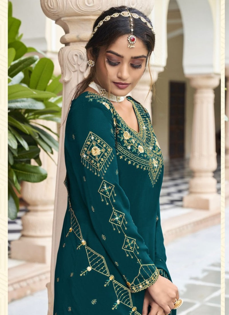 Teal Blue Georgette Sharara Suit With Embroidery Work-2