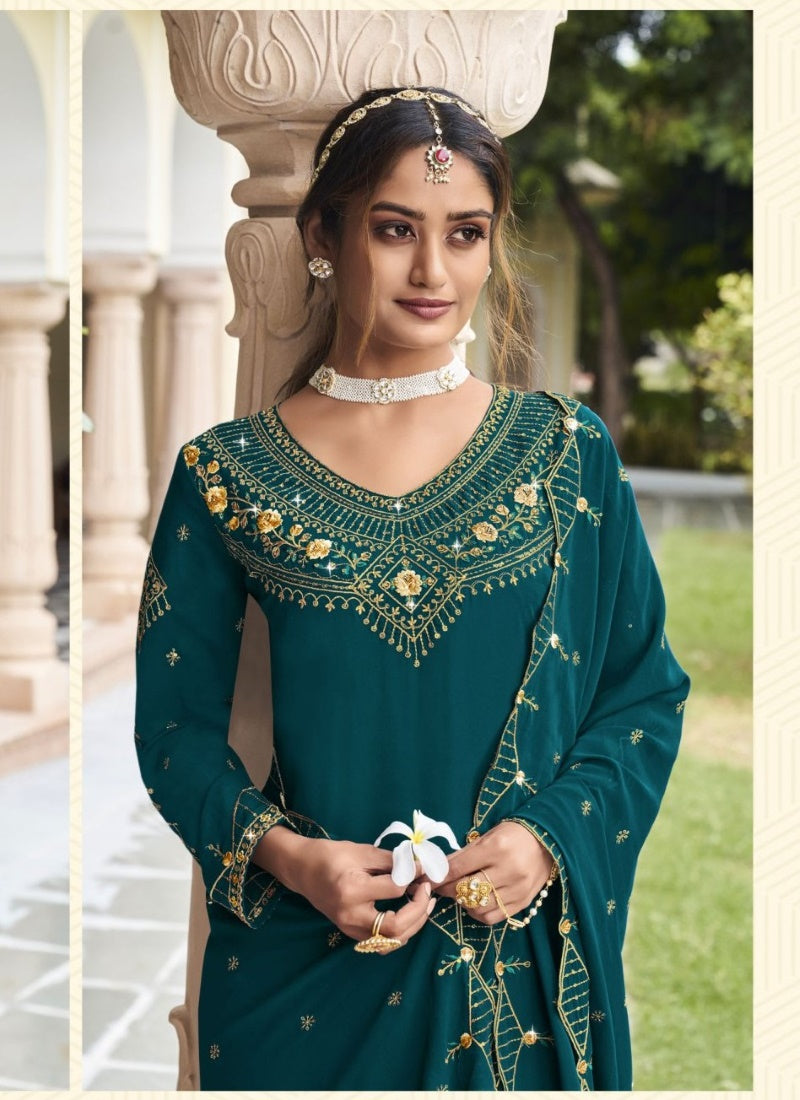 Teal Blue Georgette Sharara Suit With Embroidery Work-2