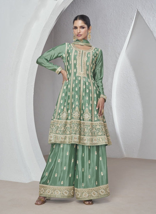 Green Silk Wide Palazzo Salwar Suit With Embroidery Work