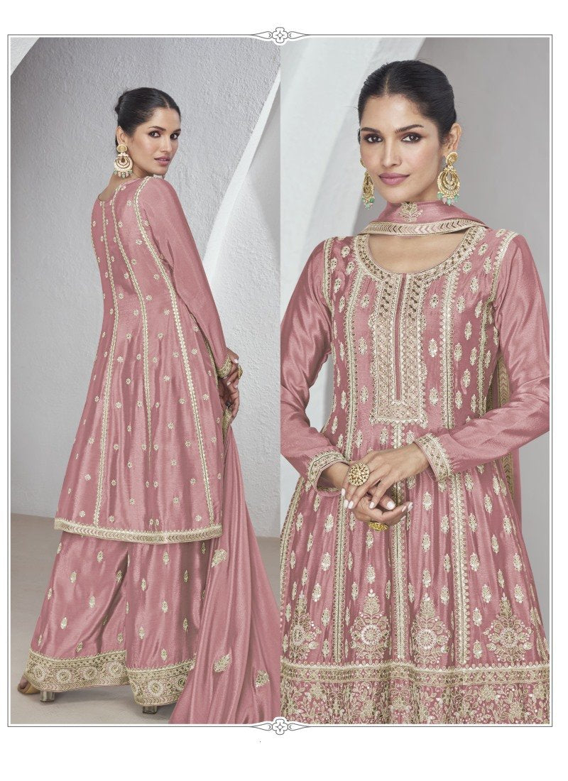 Pink Silk Wide Palazzo Salwar Suit With Embroidery Work