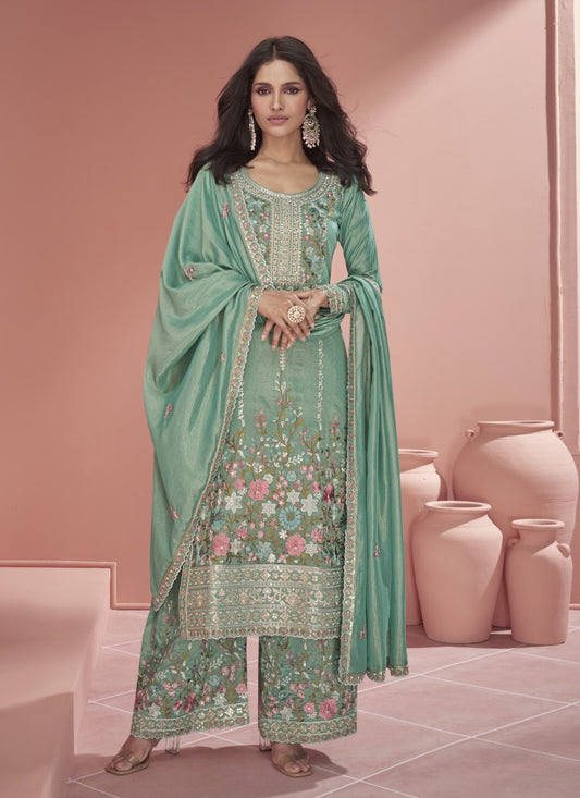 Sea Green Organza Silk Wide Palazzo Salwar Suit