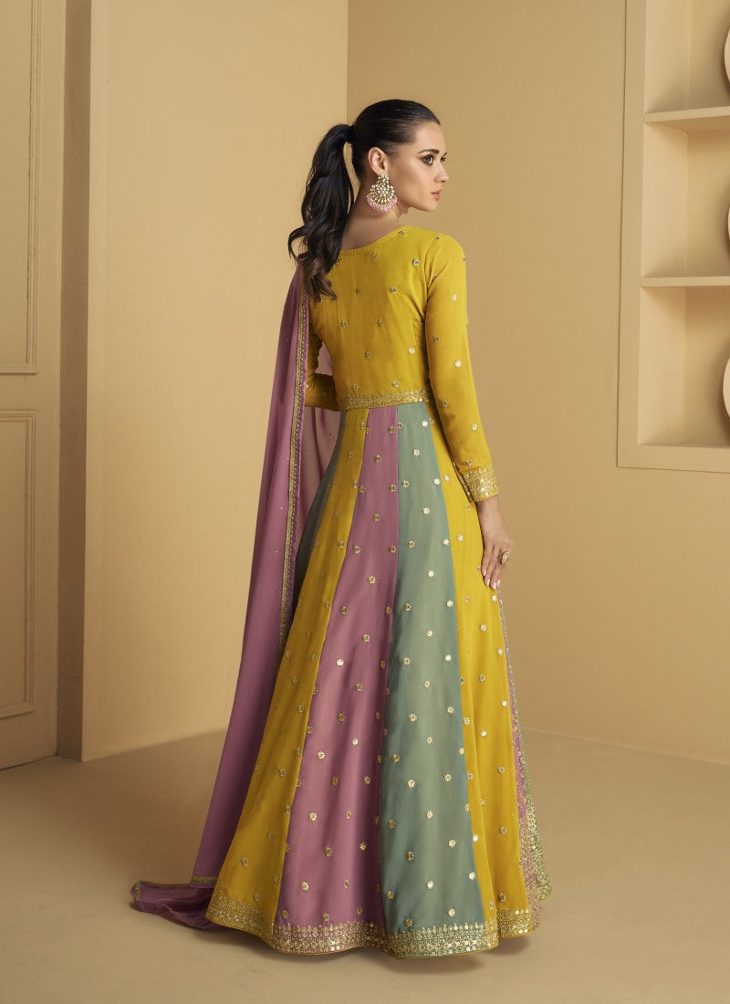 Yellow Georgette Anarkali Gown With Sequins and Embroidery Work