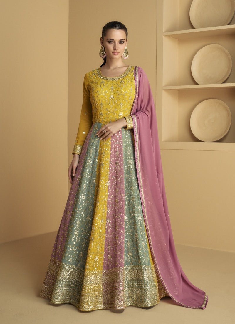 Yellow Georgette Anarkali Gown With Sequins and Embroidery Work