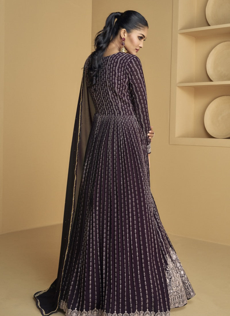 Wine Georgette Anarkali Gown With Sequins and Embroidery Work