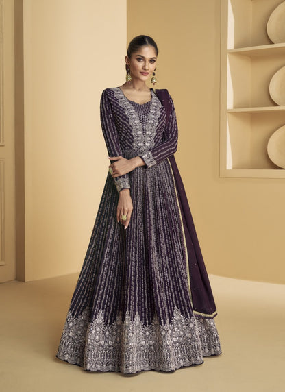 Wine Georgette Anarkali Gown With Sequins and Embroidery Work