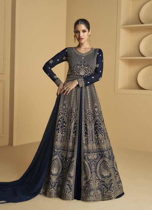 Navy Blue Georgette Anarkali Gown With Sequins and Embroidery Work