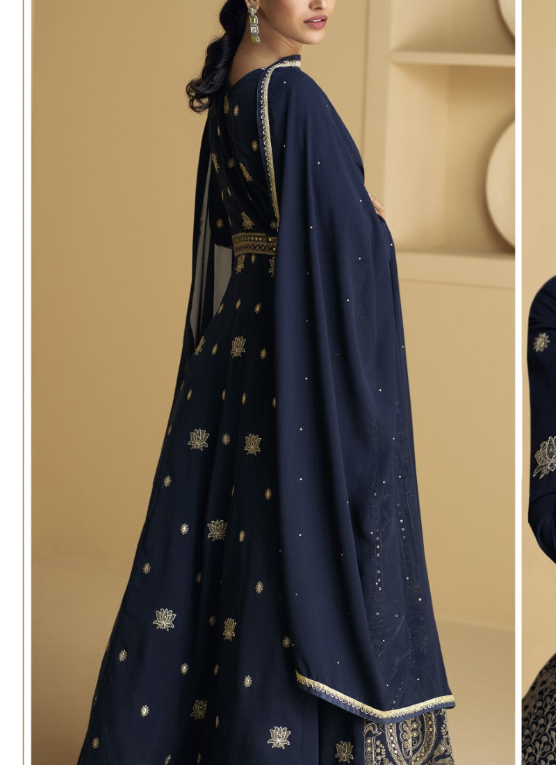 Navy Blue Georgette Anarkali Gown With Sequins and Embroidery Work