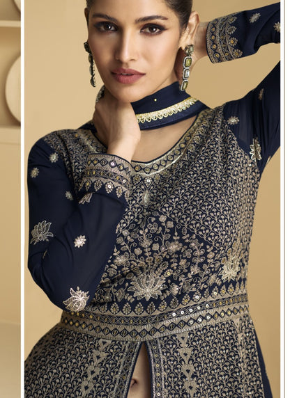 Navy Blue Georgette Anarkali Gown With Sequins and Embroidery Work