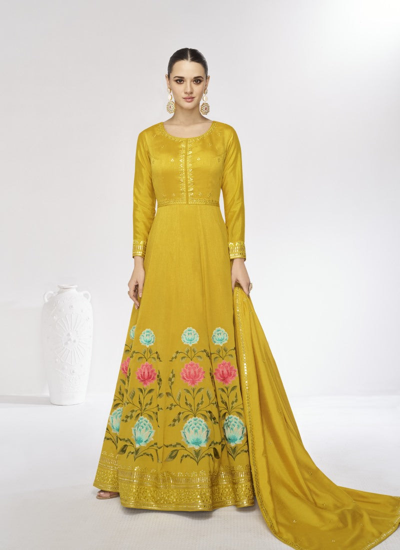 Yellow Long Anarkali Suit With Embroidery Work