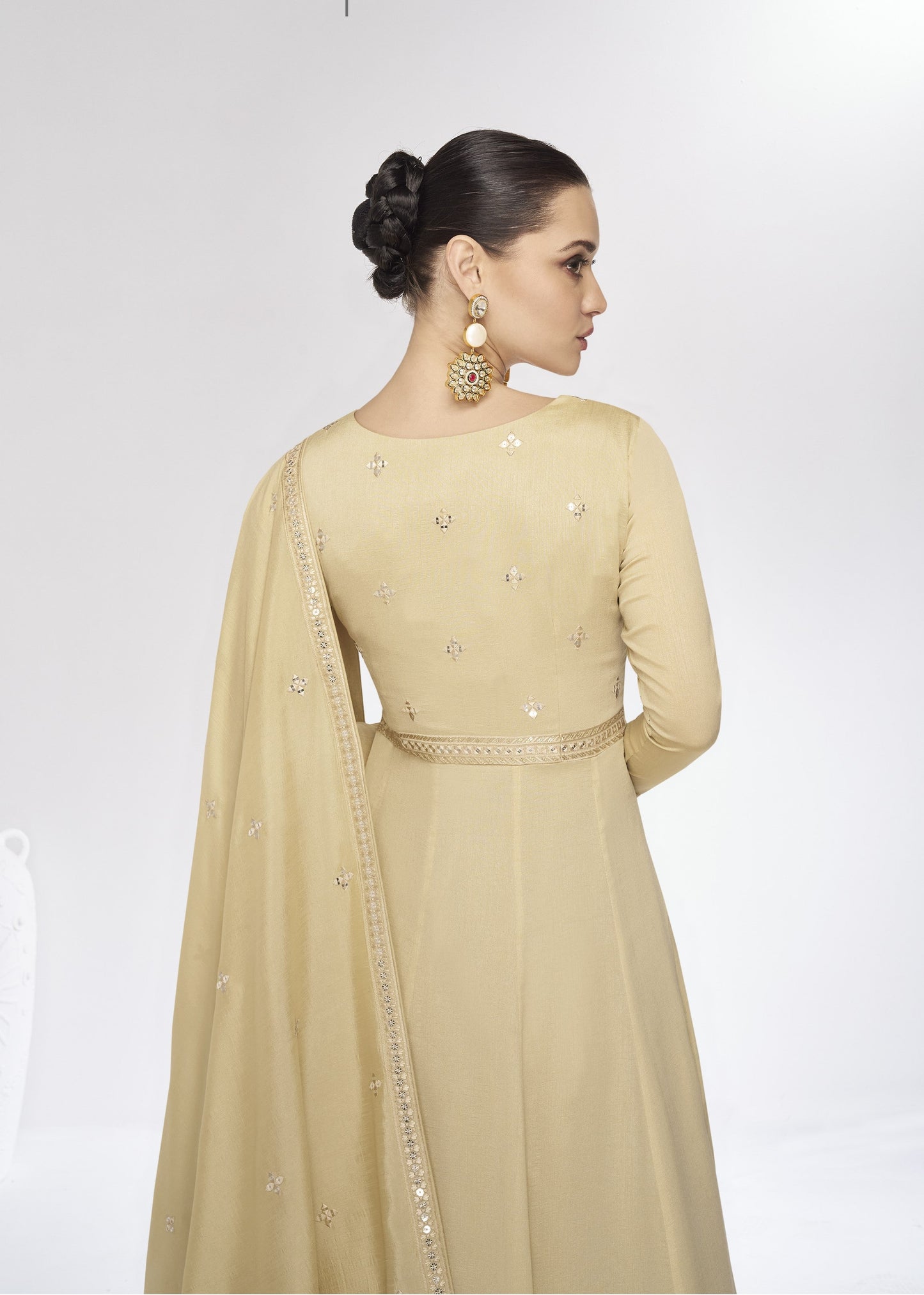 Cream Long Anarkali Suit With Embroidery Work