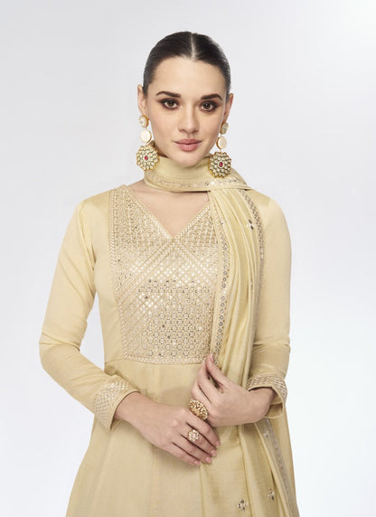 Cream Long Anarkali Suit With Embroidery Work