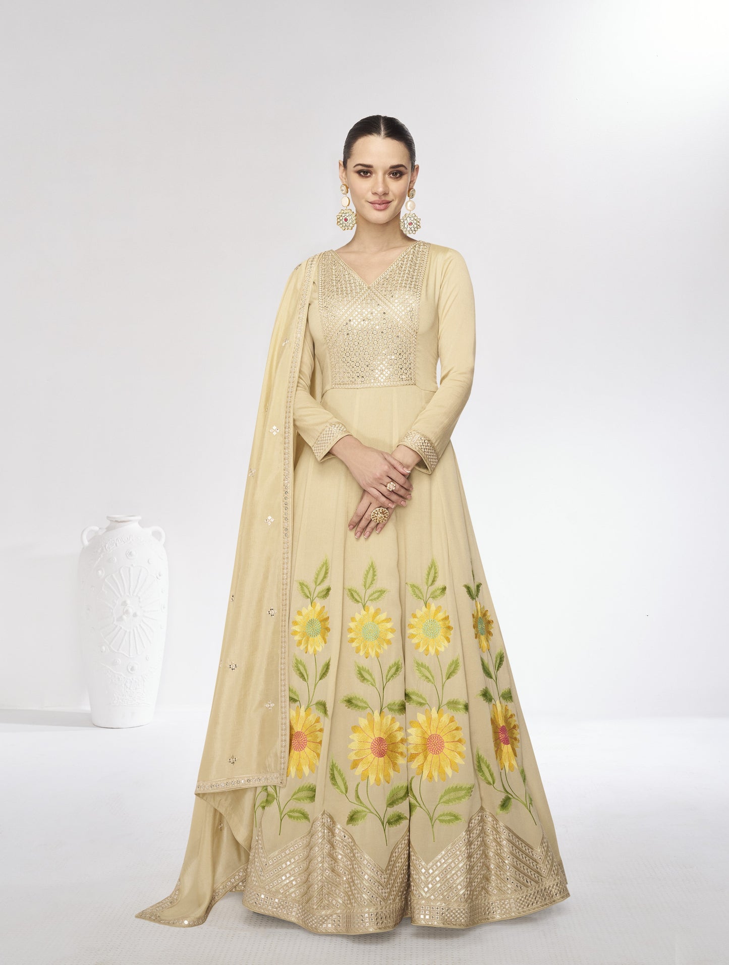 Cream Long Anarkali Suit With Embroidery Work