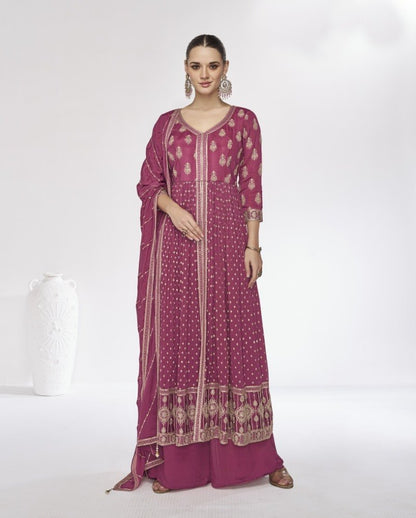 Magenta Georgette Long Anarkali Suit With Embroidery Work