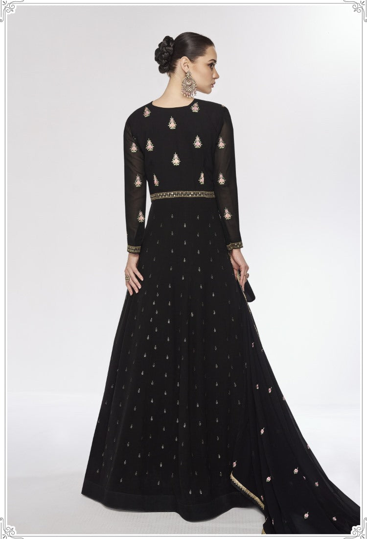 Black Georgette Long Anarkali Suit With Embroidery Work