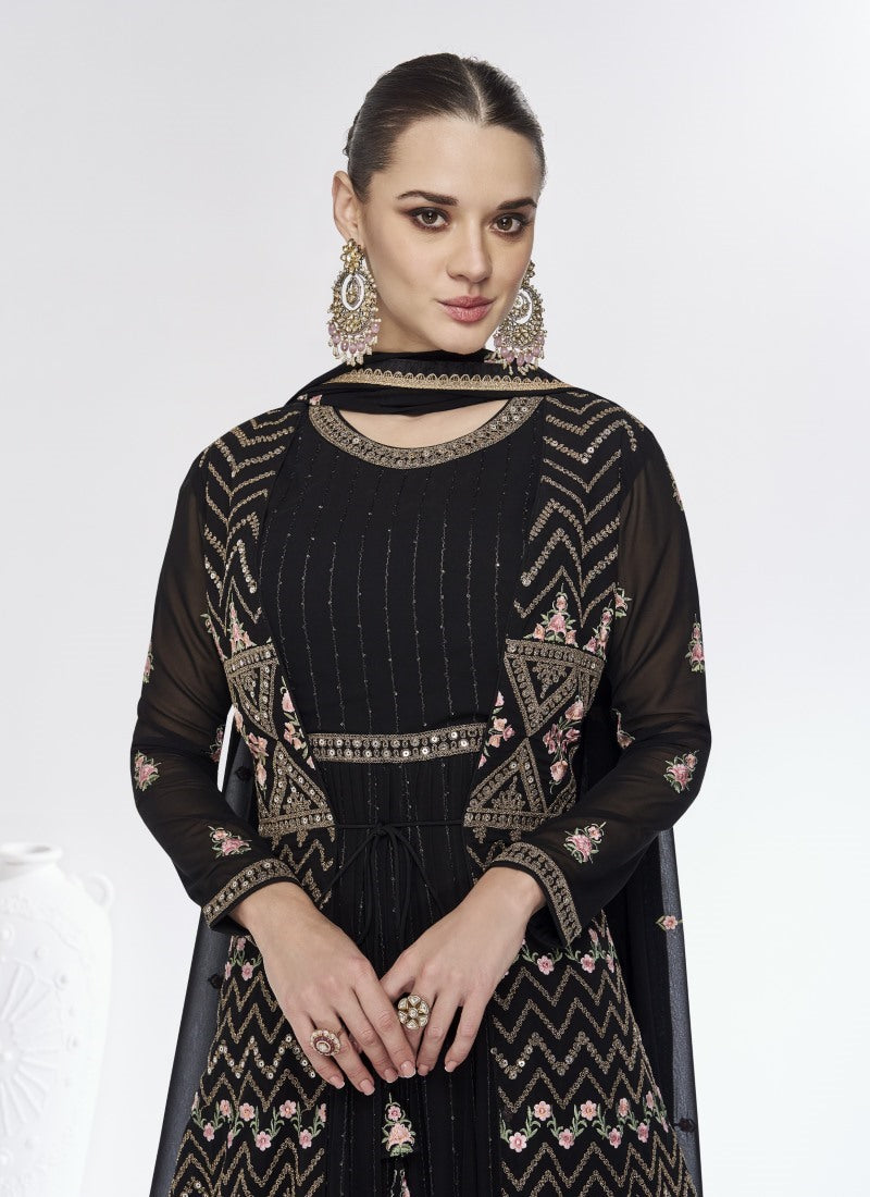 Black Georgette Long Anarkali Suit With Embroidery Work