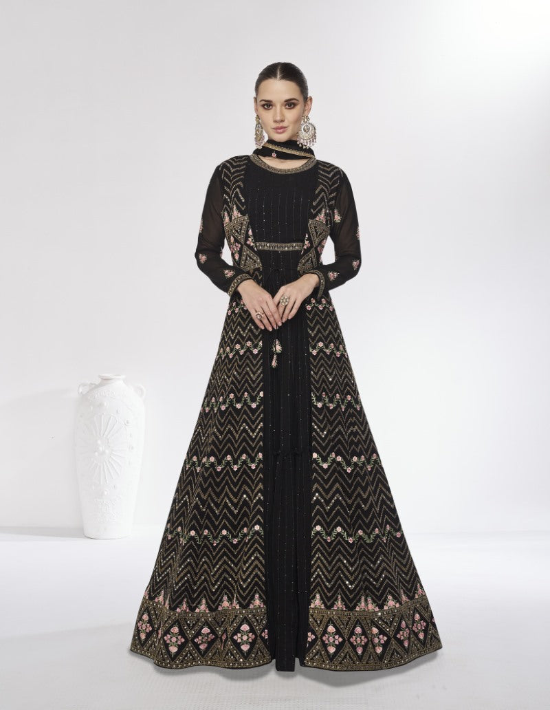 Black Georgette Long Anarkali Suit With Embroidery Work