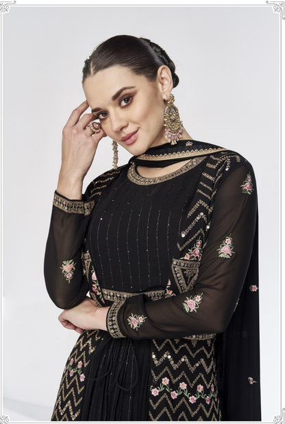 Black Georgette Long Anarkali Suit With Embroidery Work