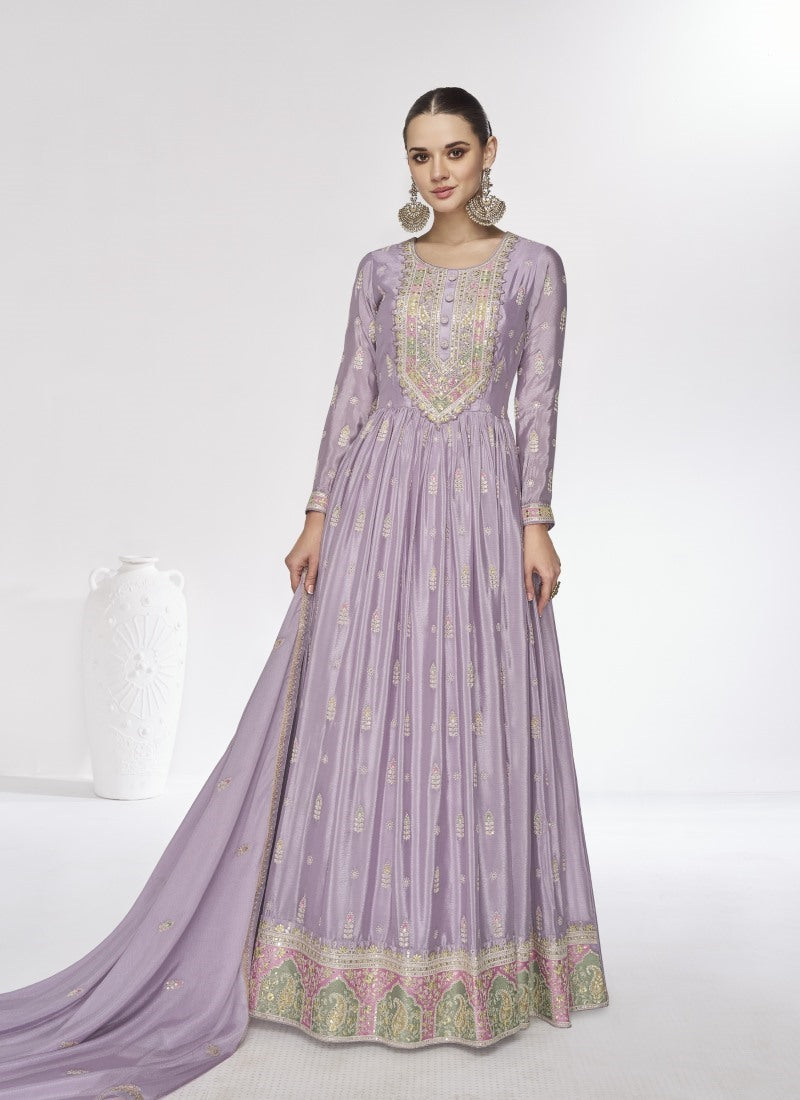 Lavender Georgette Long Anarkali Suit With Embroidery Work