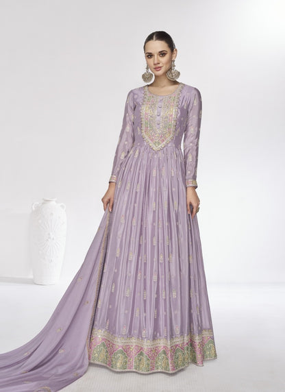 Lavender Georgette Long Anarkali Suit With Embroidery Work