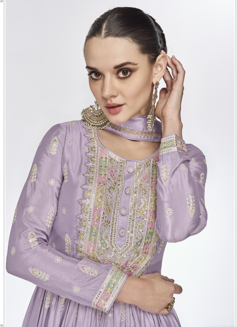 Lavender Georgette Long Anarkali Suit With Embroidery Work