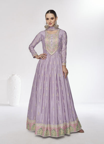 Lavender Georgette Long Anarkali Suit With Embroidery Work