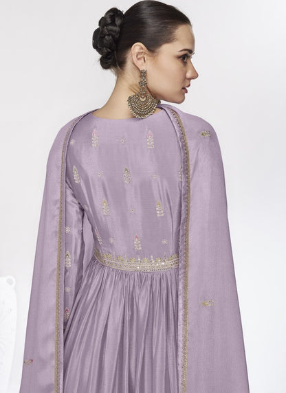 Lavender Georgette Long Anarkali Suit With Embroidery Work