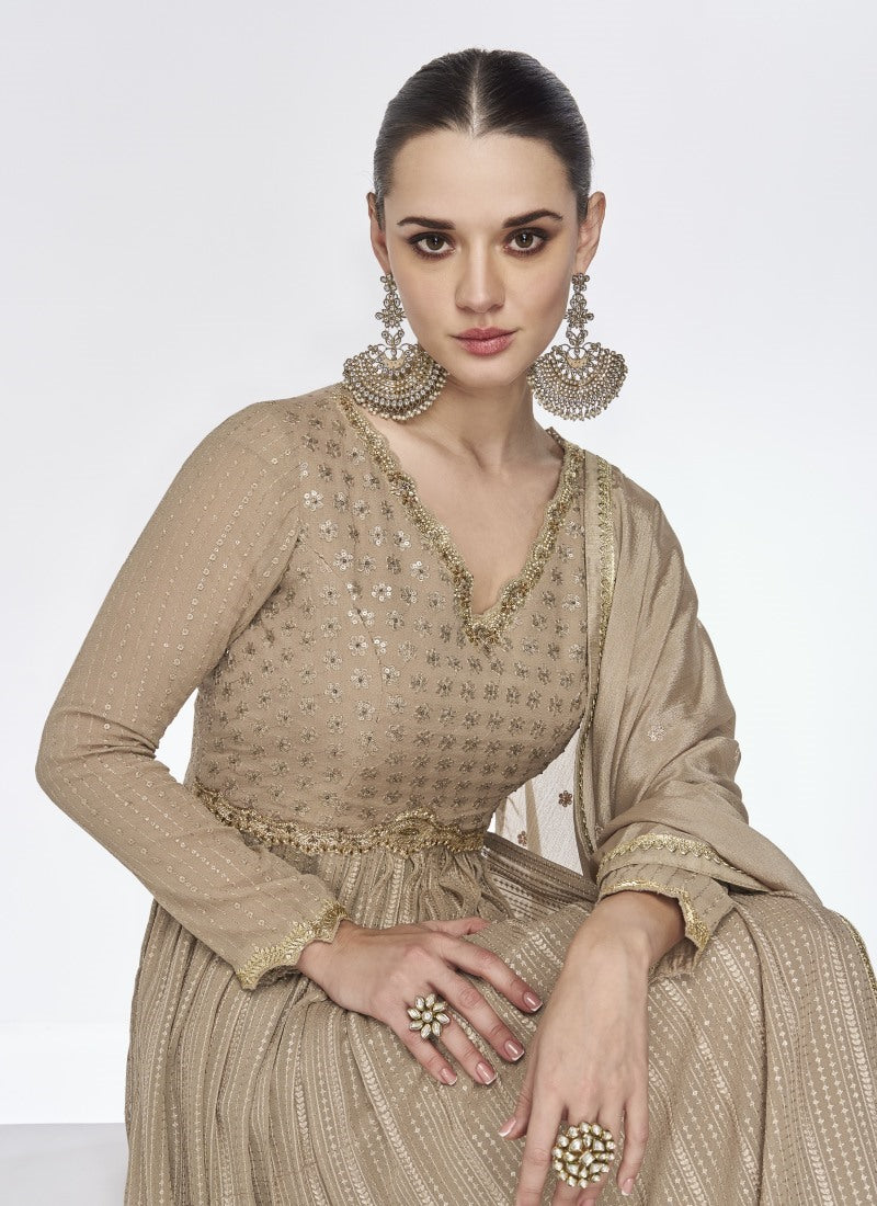 Light Brown Georgette Long Anarkali Suit With Embroidery Work