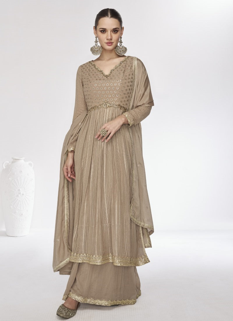 Light Brown Georgette Long Anarkali Suit With Embroidery Work