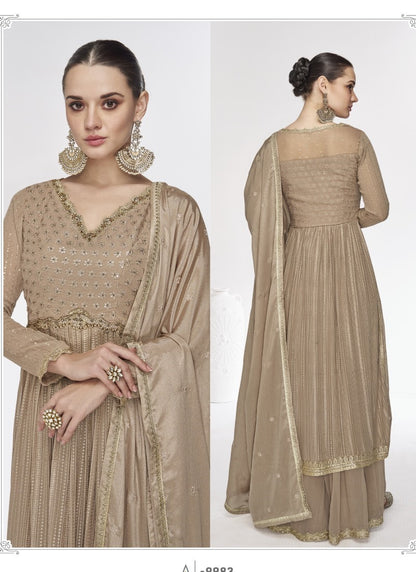 Light Brown Georgette Long Anarkali Suit With Embroidery Work